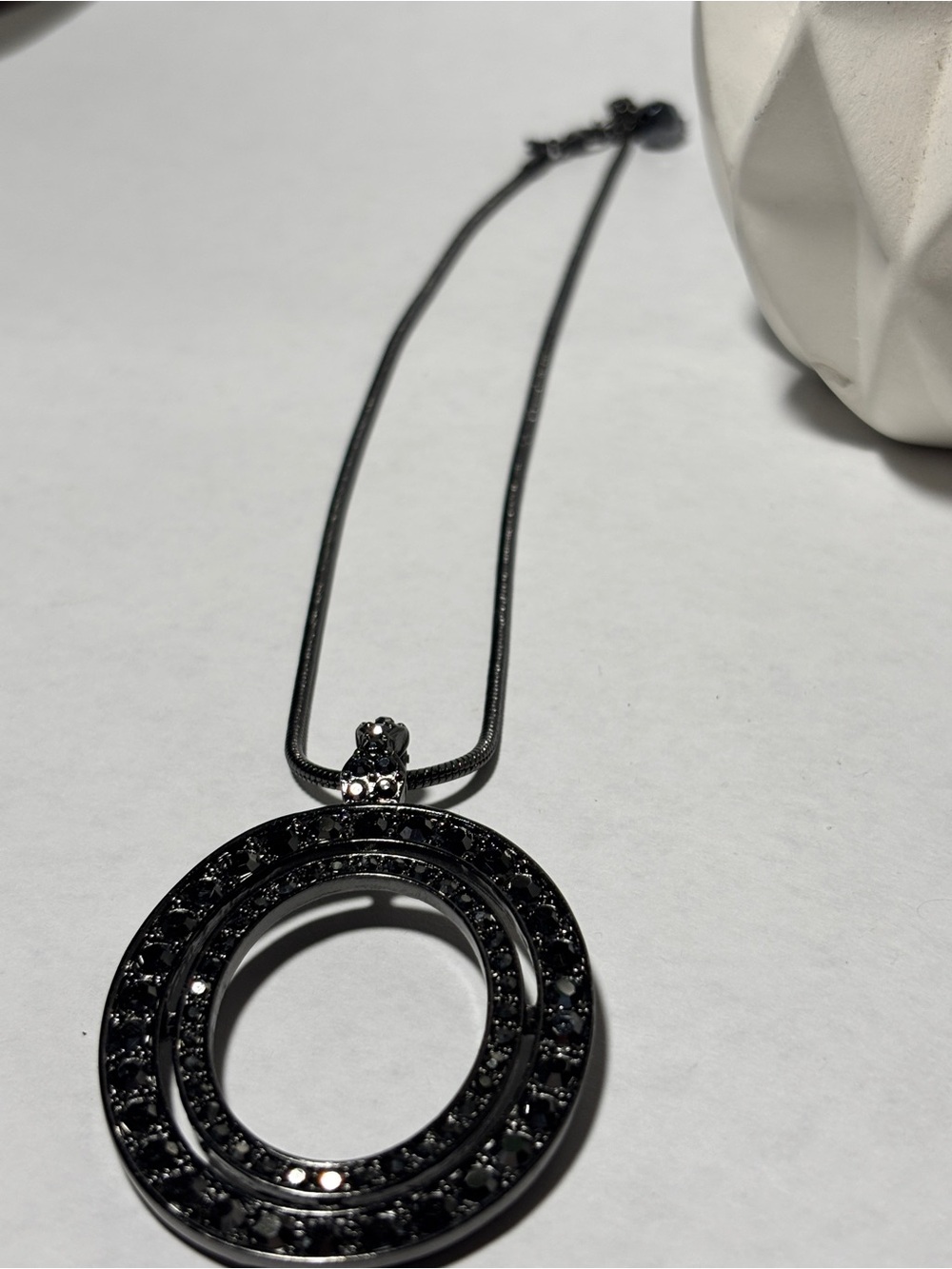 Black Crystal Double-Ring Pendant Necklace